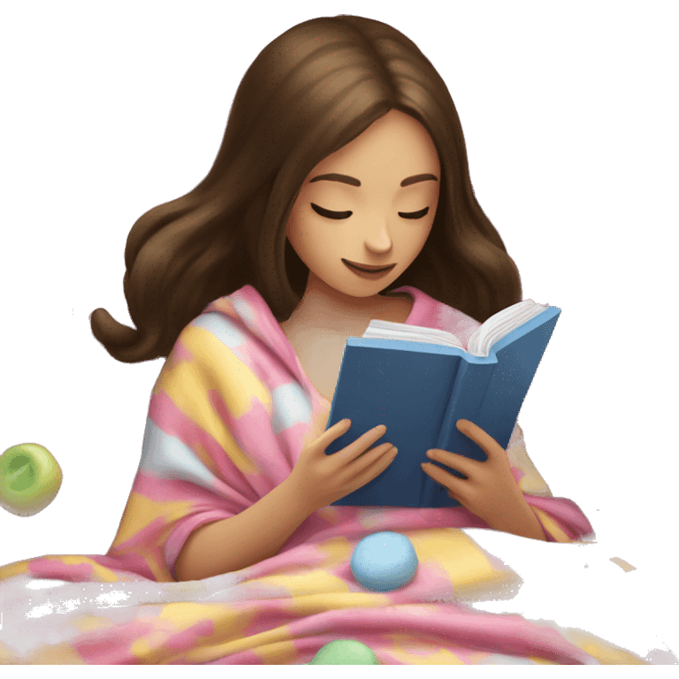 Brunette girl reading kindle under a blanket with sweets emoji