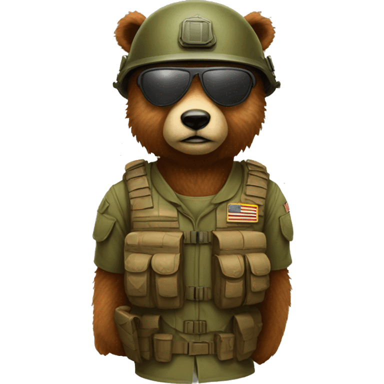 A brown furry bear as a soldier with a helmet and military glasses emoji