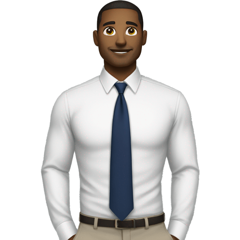 A modern man white shirt and  navy blue tie showing one emoji