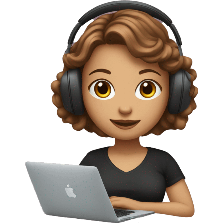 women with fair skin and brown wavy hair developing on a macbook with headset on, wearing a black t-shirt emoji