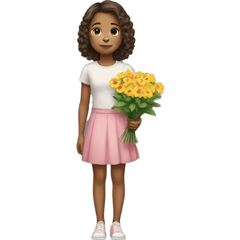 a young girl stands and holds flowers emoji