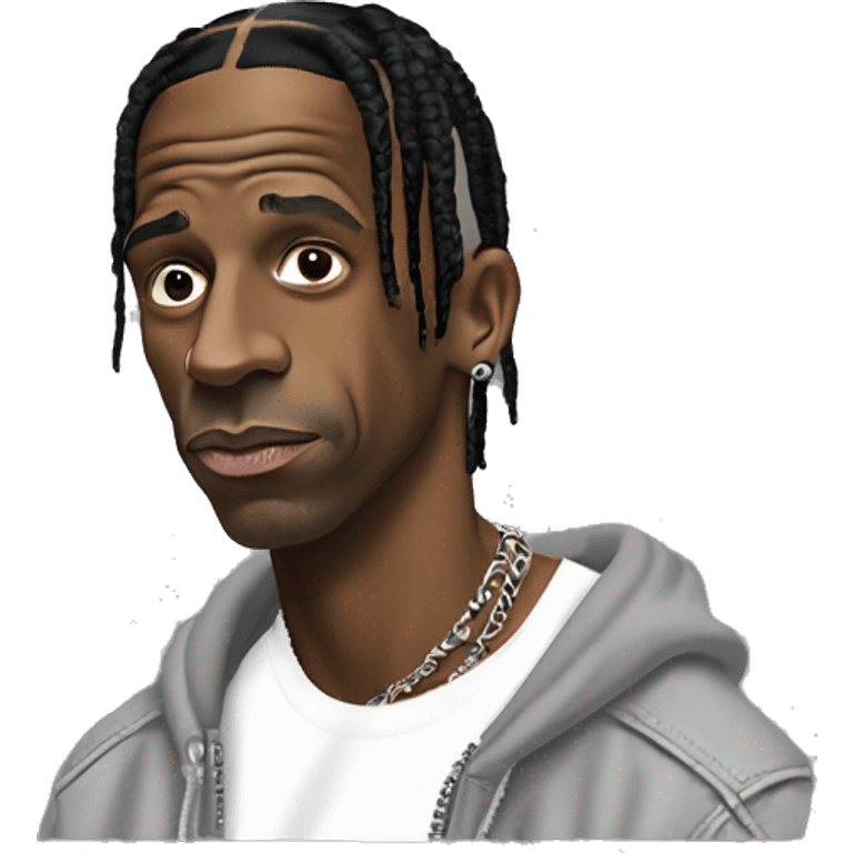 Iconic-style Candid Likeness Travis Scott:

A cool presence in streetwear, with focused eyes and laid-back stance. Known for his electric energy and innovative vibe, blending hype with a sense of mystery. emoji