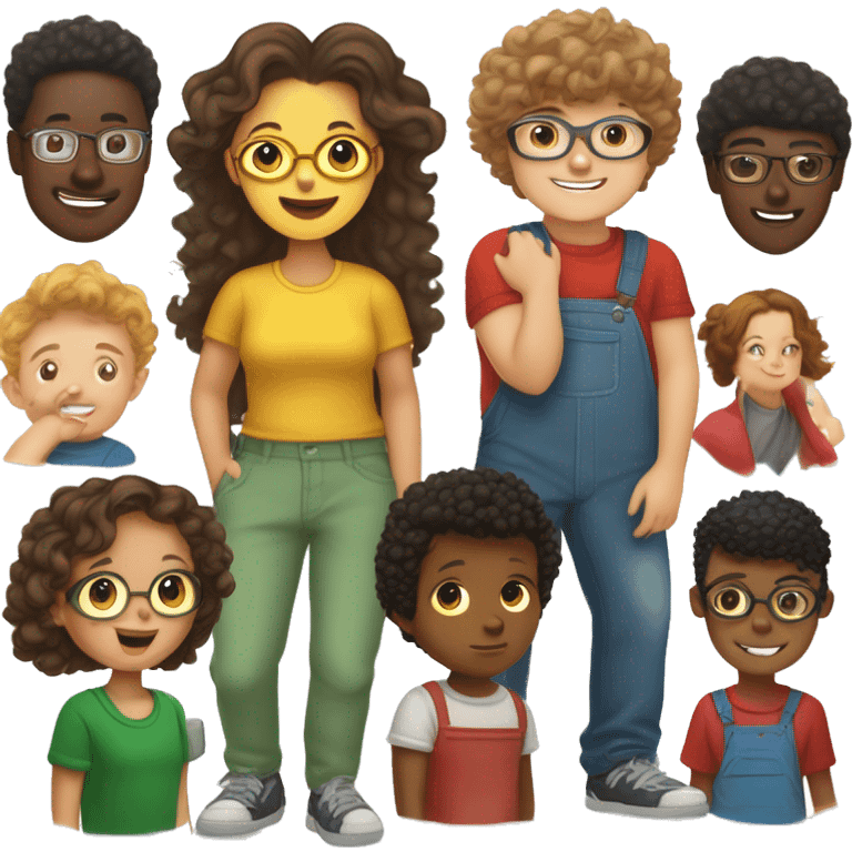 Girl Kid in Brown Hair Down White T-Shirt Yellow Overall Dress, Fat Boy Kid in Dark Curly Hair Glasses Red T-Shirt, Boy Kid in Brown Skin Color Black Curly Shaved Hair Blue Sweater and Boy Kid in Black Coily Hair Green T-Shirt emoji