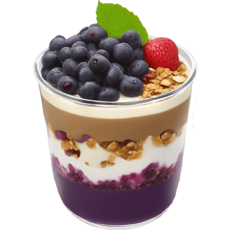 Açaí in a clear cup with layers of fruits and granola and condensed milk emoji