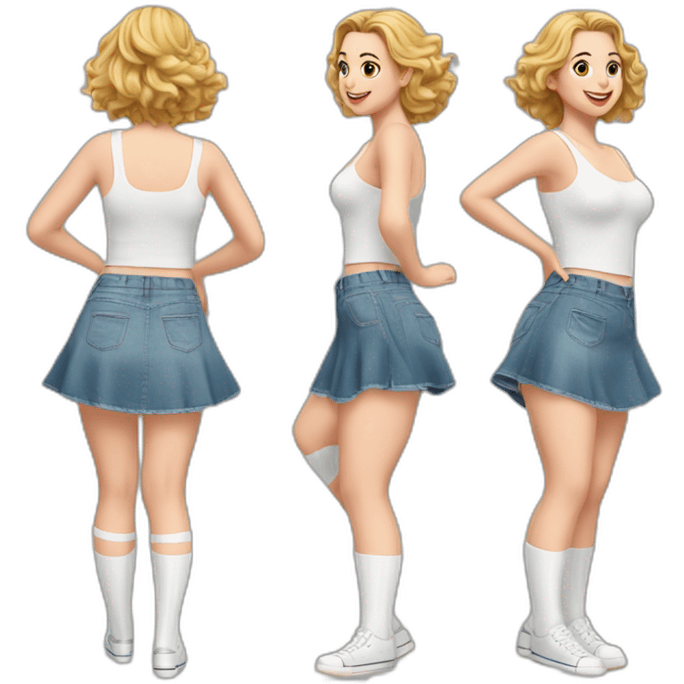 realistic full body caucasian curvy beauty jumping short transparent skirt back and front views strong wind white knickers long white socks emoji