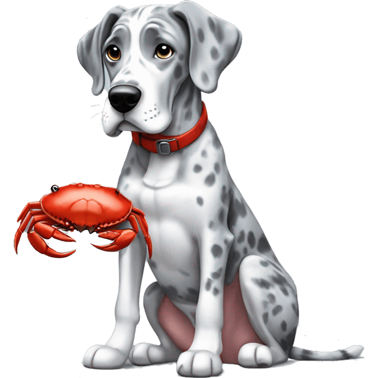 Blue Merle Great Dane eating red crab emoji