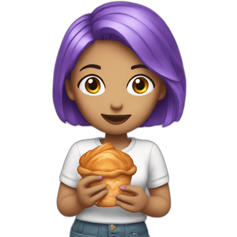 purple hair girl eating croissant emoji