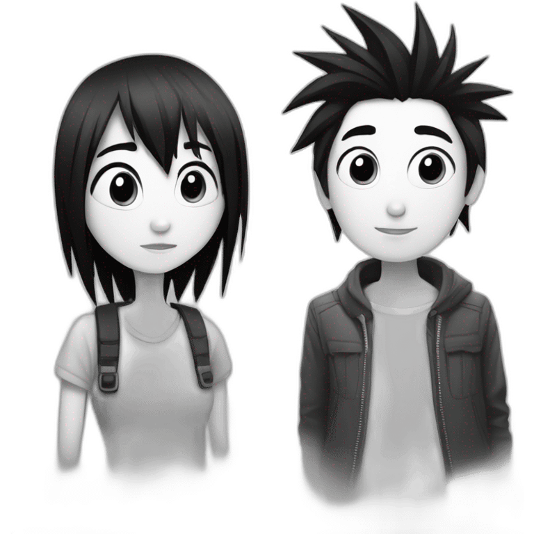 dog and a dark-haired girl with spiky hair looking at each other in style of ((sarah andersen)), black and white emoji