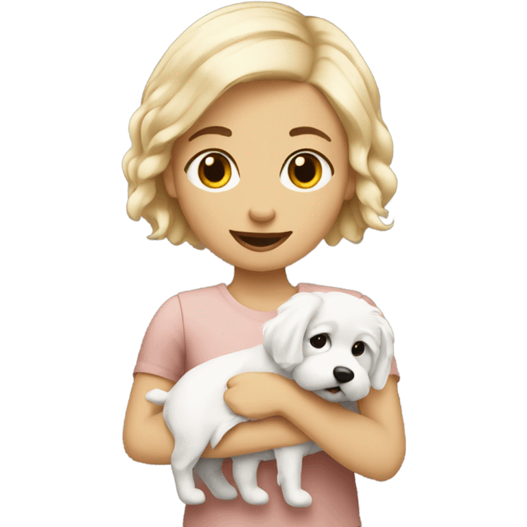 short haired blonde girl holding coton dog emoji