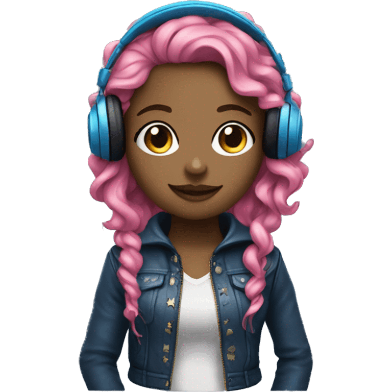 hotgir; rock; leather; girl; pink and blue long curly hair with headphones emoji