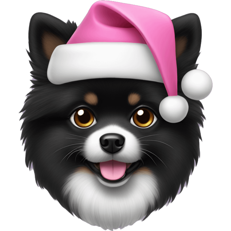 Black Pomeranian wearing a pink Santa hat emoji