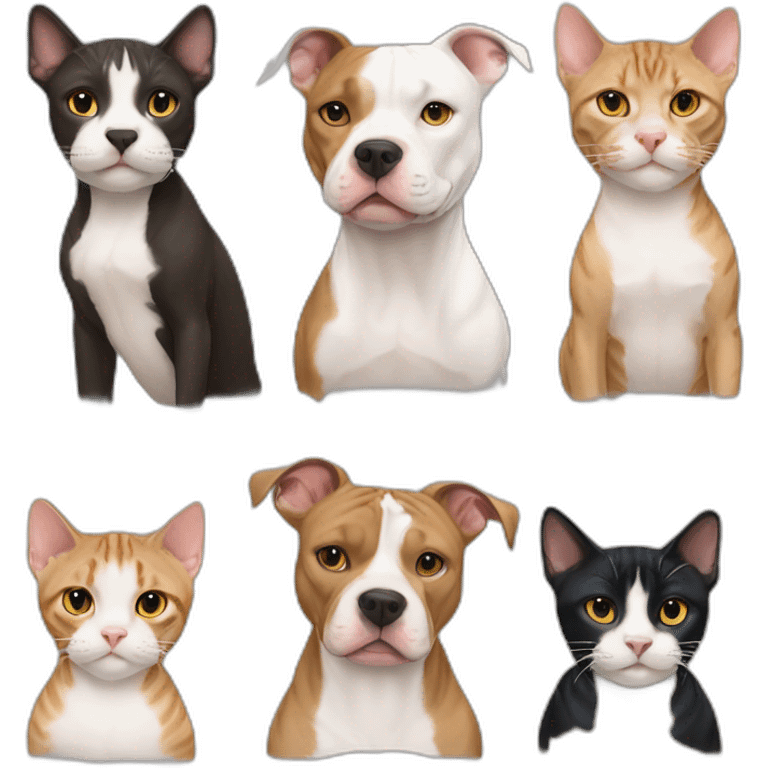 three pit bulls, two tuxedo cats, and five tabby cats emoji