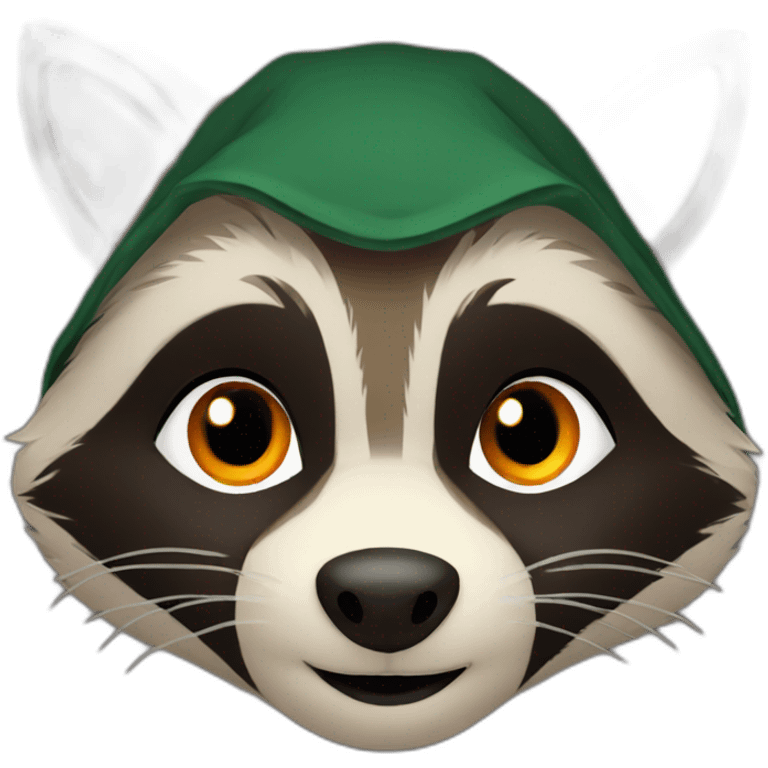 brown raccoon with orange eyes and a dark green hood that smile emoji