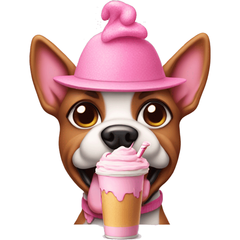 Pink dog with pink hat and pink dress eating a milkshake with a cake on top emoji