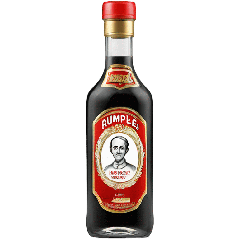 clear bottle of rumpleminze clear peppermint schnapps alcohol with a black label that has a red border and red font and the label also has a small gold eagle on the label that says “rumples” emoji