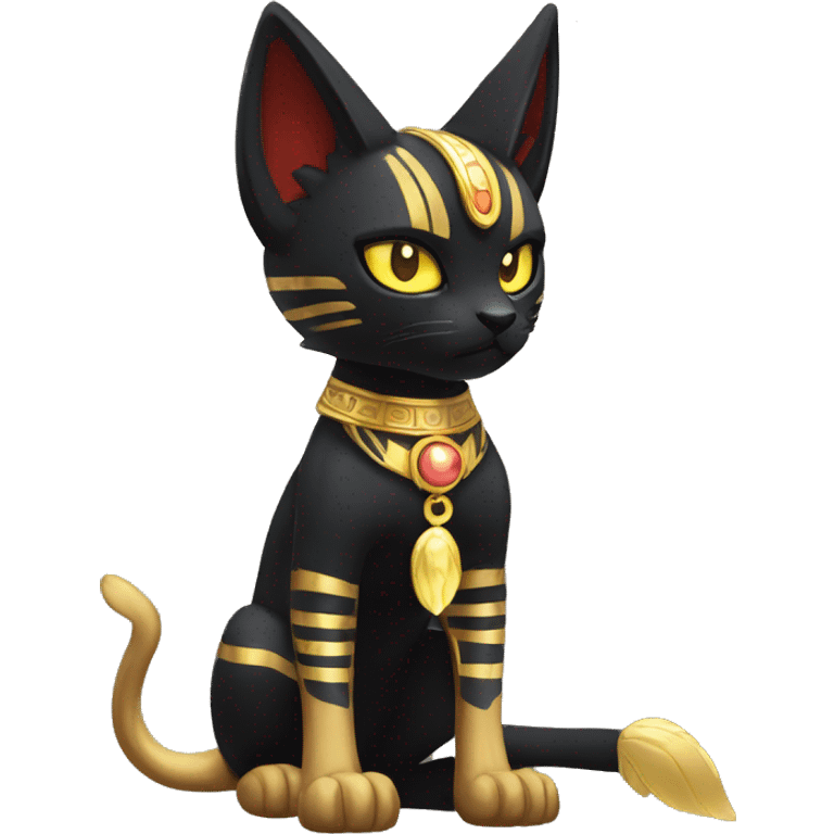 Black godly overpowered ethereal majestic Egyptian Litten-Cat-Fakemon. Golden Anubis-Rings and yellow ring-markings. Full body emoji