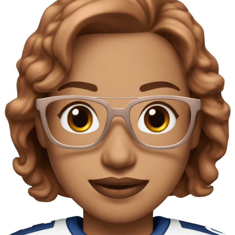 A women wearing a oilers 97 Mcdavid jersey with rose gold eyeglasses brown hair with stanley cup emoji