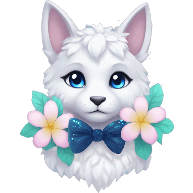 Anthro Cute Cool Kawaii gorgeous sparkly ethereal fantasy animal creature with blue eyes furry sona with flowers and bow tie beautiful aesthetic emoji