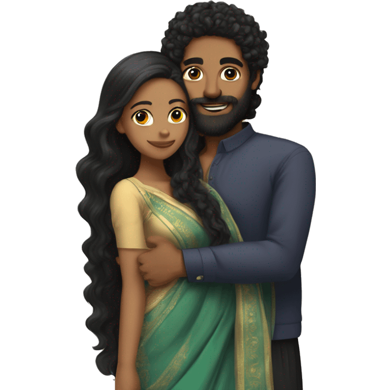 Light skin;Black long hair girl  in a saree hugging with a man with black beard and curly hair on top emoji