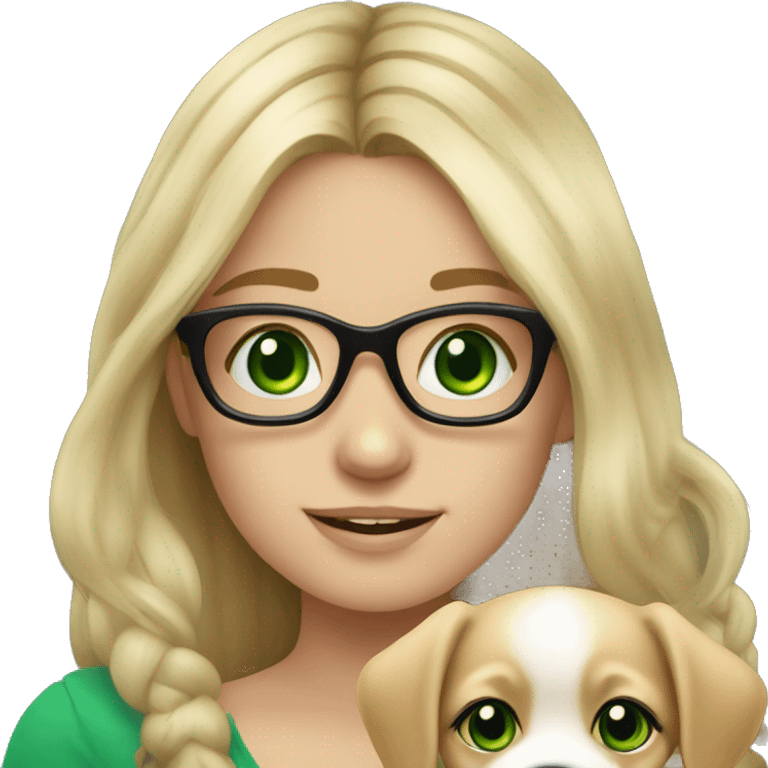 blond long hair girl with black framed glasses slavic face and green eyes smiling holding puppy emoji