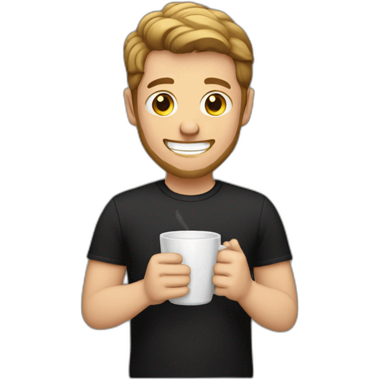 white guy holding glass coffee mug smiling black shirt emoji