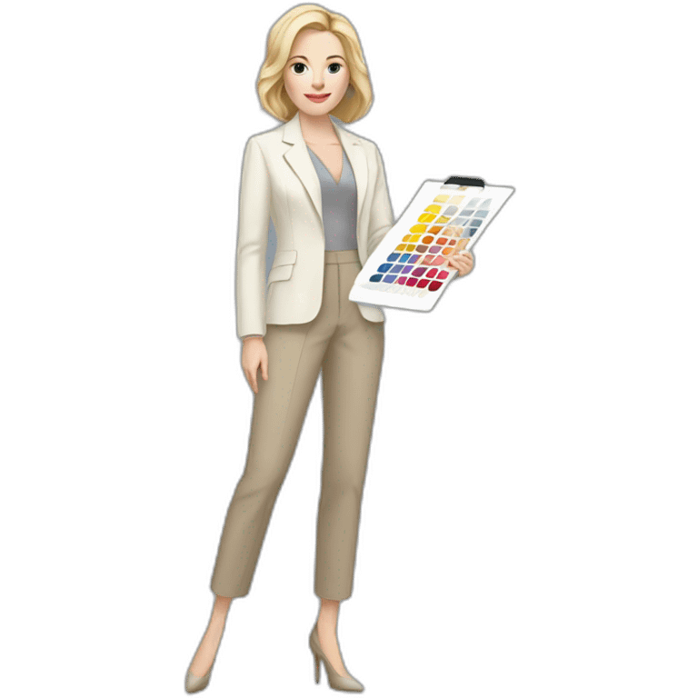 Full height pale skin woman with blonde Straightened bob Hair, White classical jacket, beige Arrow pants and gray blouse holding a color palette in the hands emoji