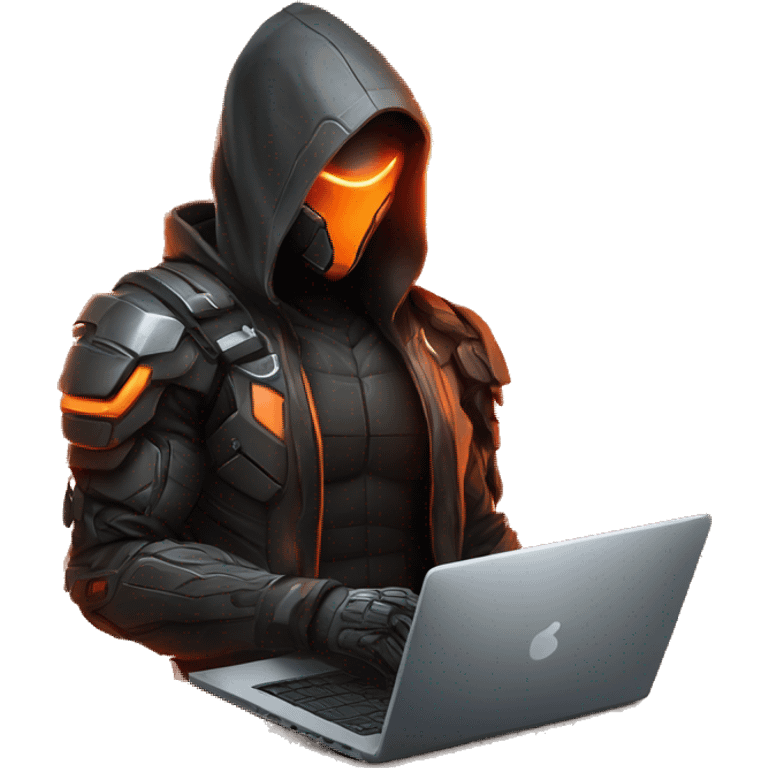  developer behind his laptop with this style : crysis Cyberpunk Valorant orange glowing bright orange character orange black hooded assassin themed character emoji