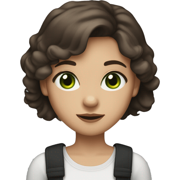 A girl with medium-length brown hair, green eyes, a slight smile, wearing small silver hoop earrings. Dressed predominantly in dark clothing, especially black. Exudes a calm and friendly vibe. emoji