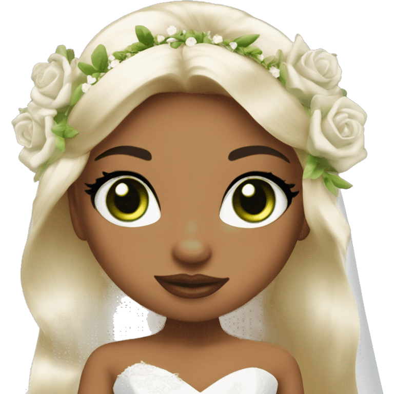 Bratz, bride, black half up half down hair, olive skin, green almond cat eyes emoji