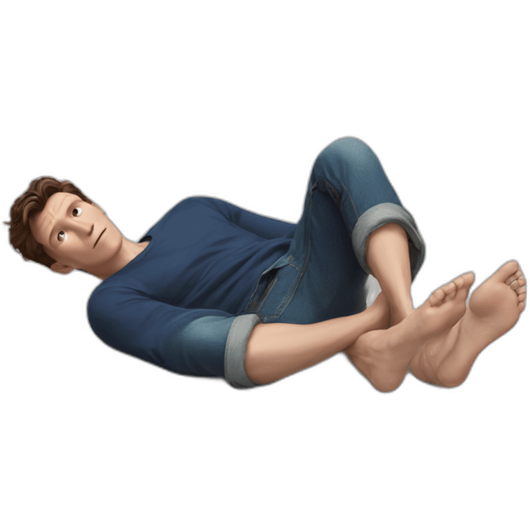 tom holland laying back, soles of feet towards camera emoji