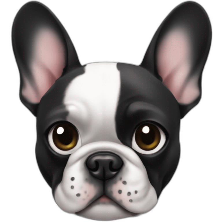 A french bulldog with black and white colors, one eye black, like a pirate, sitting on the ground, making a heart emoji emoji