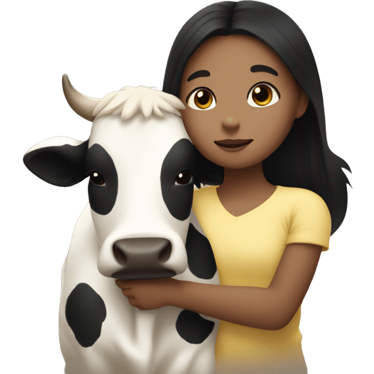 Cow hugging a girl with light skin and black hair emoji