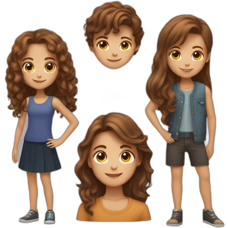 four friends, a girl with long hair, a boy with short brown hair, a girl with long hair brown emoji