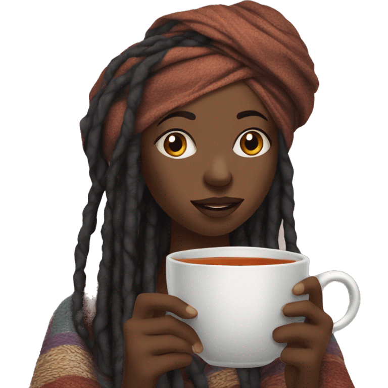 Black girl with long dreadlocks wrapped in a turban sipping on hot tea with blanket emoji