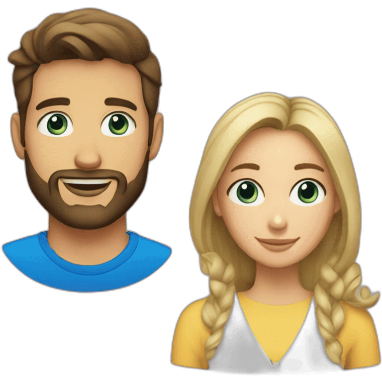 brunette 25 year old male with beard with blue eyed blonde 25 year old woman emoji