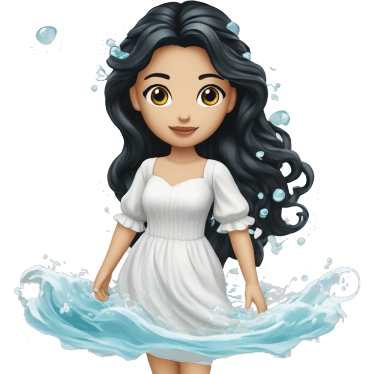 Pretty young Lady doll posing posed pose with long black hair flowers in hair white dress surrounded by flowing water water swirls waves emoji