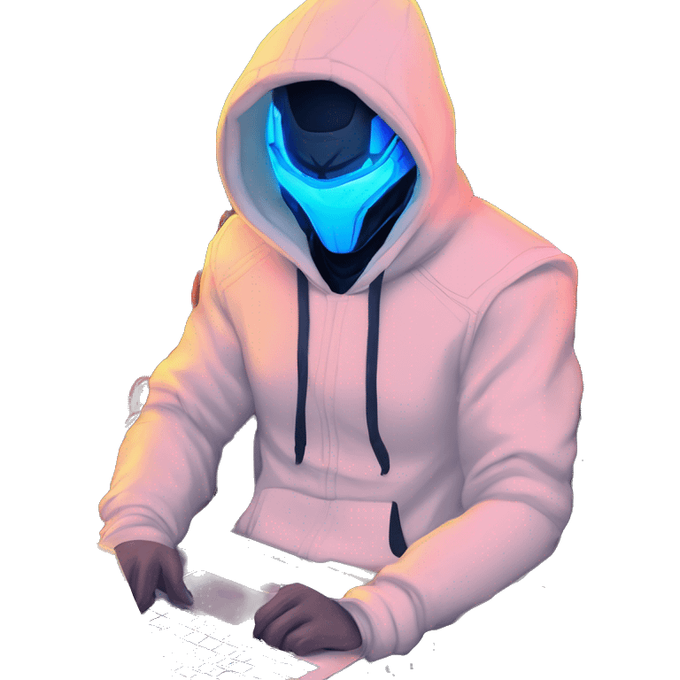 developer behind his laptop with this style : crysis Cyberpunk Riot Games Valorant neon glowing bright blue character blue black hooded assassin themed character emoji