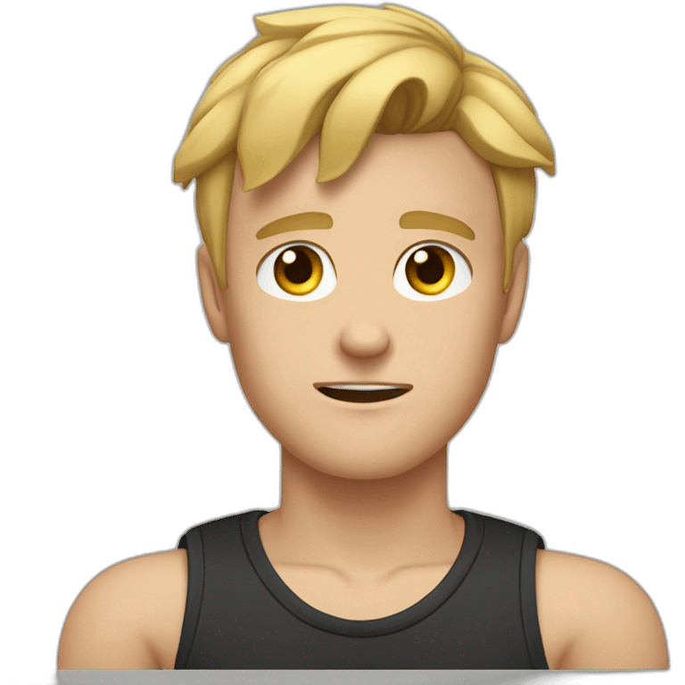 light haired white young man in dark t-shirt with both fists clenched to his forehead in loss emoji