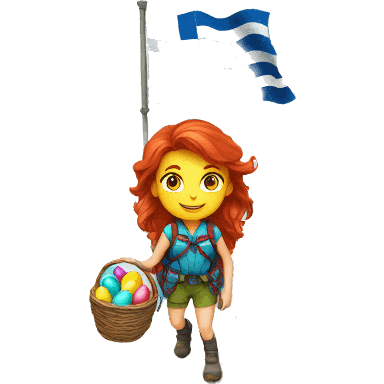 Female mountain climber red hair climbing with Greek flag on backpack and holding Easter eggs basket emoji