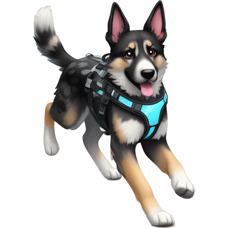  Black spotted brindle German shepherd husky fluffy ears and holographic harness running emoji