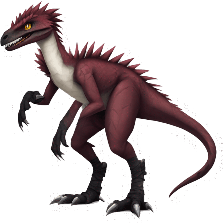 Maroon edgy badass modern sexy handsome punk velociraptor-dragon-Digimon, with black spiky mane, full body emoji