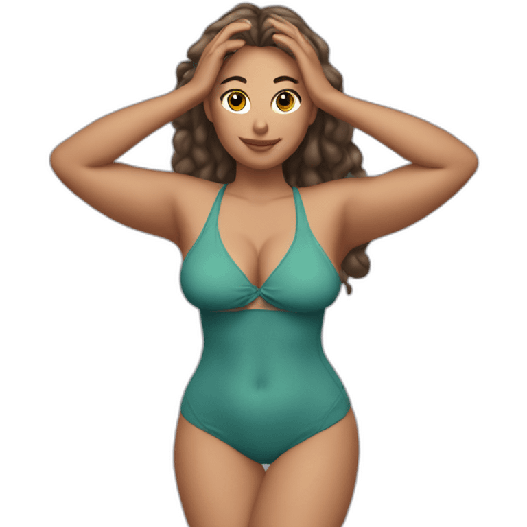 Slim-thicc Caucasian woman bikini hands in hair pose (beach body) emoji