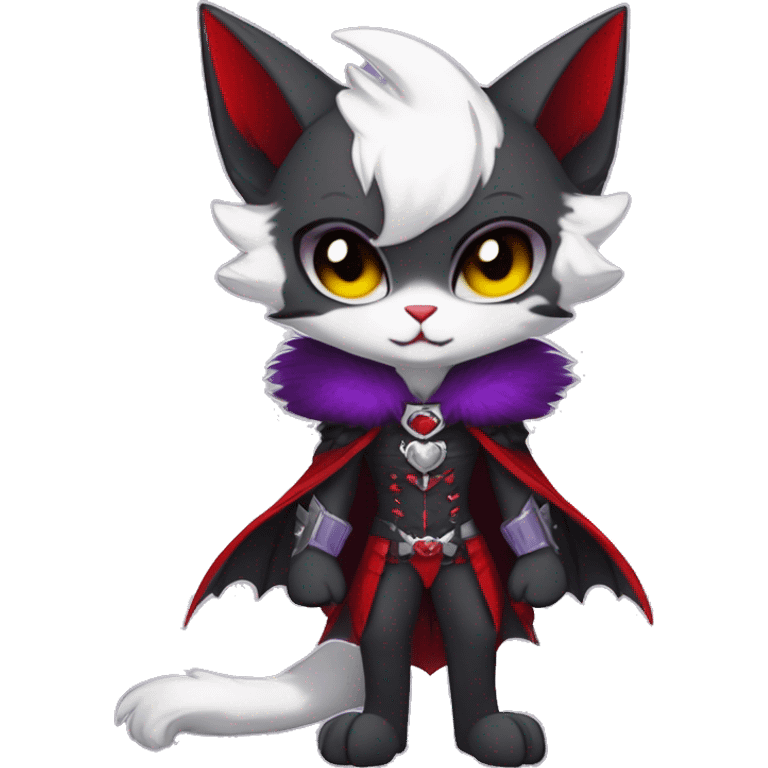 Anthro-Cute-Edgy-Cool-Vampiric-Batty-Cat-Black-Purple-Red-Grey-White-Yellow-Contrast-Colors-Fantasy-Fur-Sona-Chibi-Shiny-Fakémon-Hybrid with horns and fangs and collar full body emoji