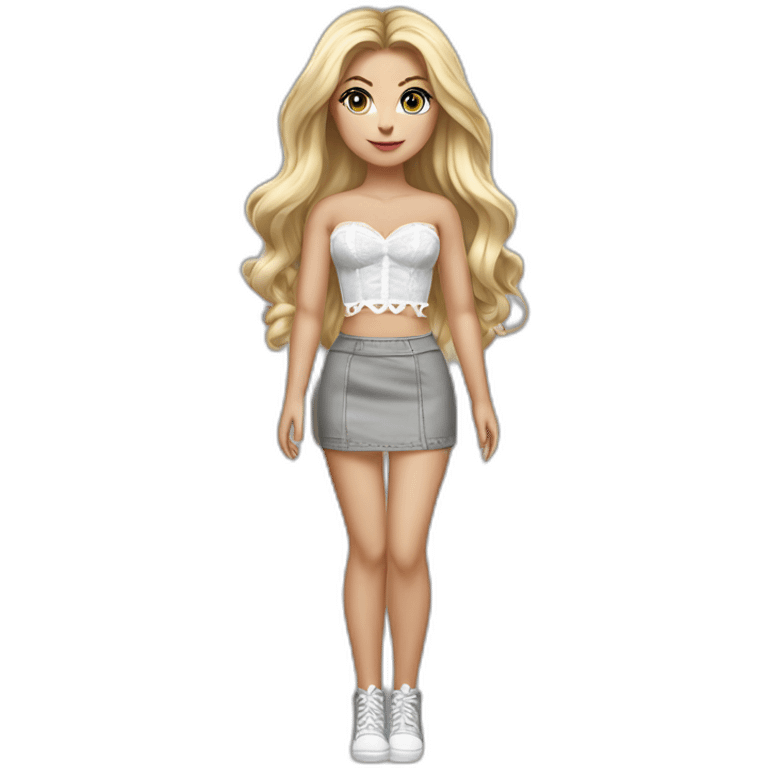 hyperrealistic caucasian blonde female, long straight hair, white lace-up crop bustier, grey tight mini skirt, full view emoji