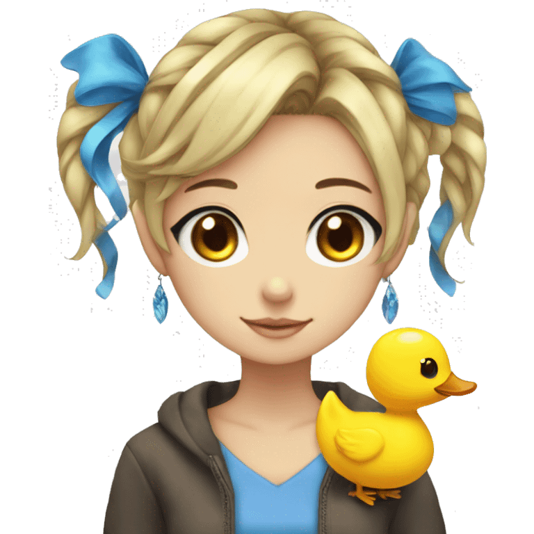 an anime girl with blue eyes, fishbone earrings, and a ducky hairclip emoji