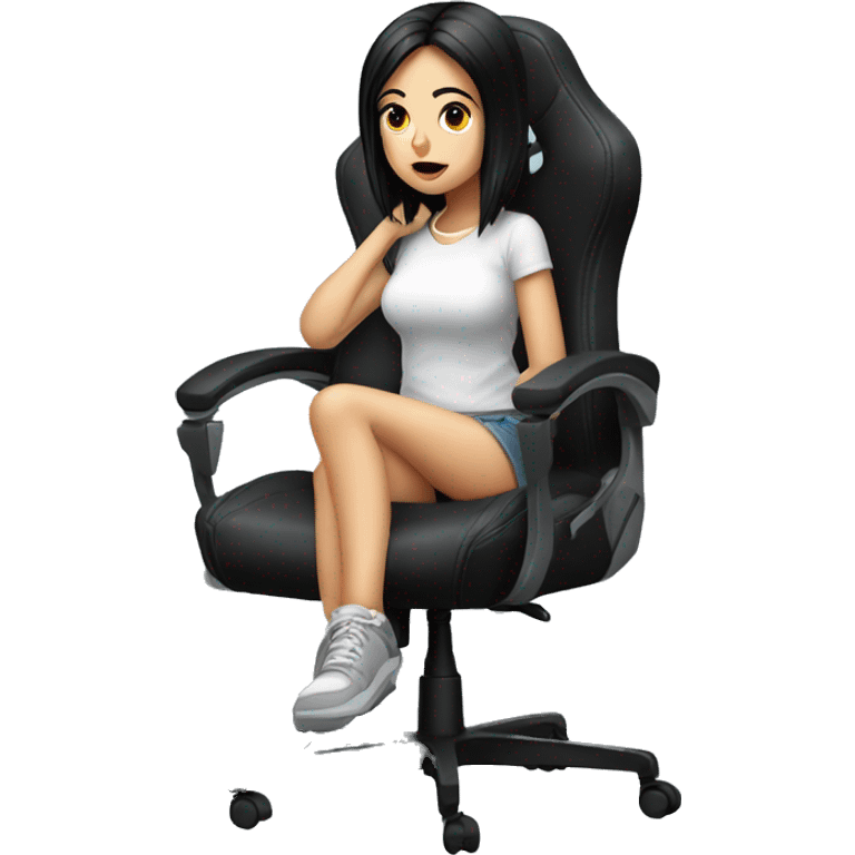 white (black hair) girl on a big gaming chair thinking  emoji