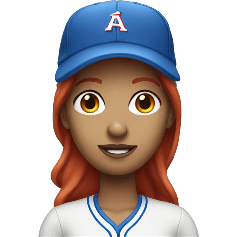 front facing standing up female coach with long red hair, wearing a white t-shirt and a simple baseball blue hat emoji