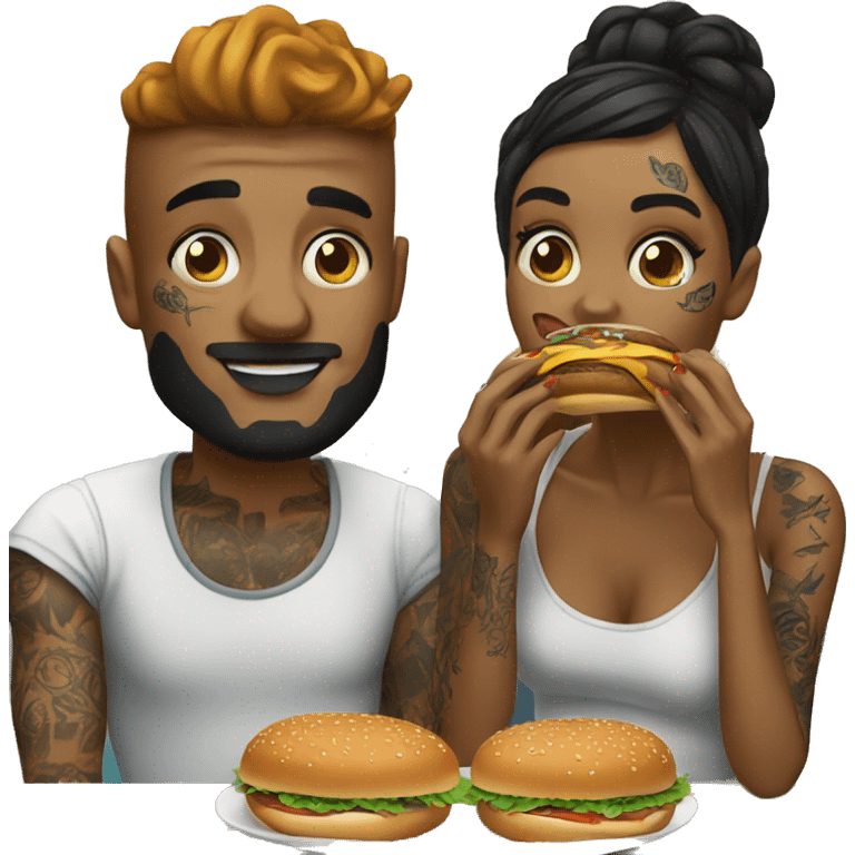 Beautiful tattooed couple eating burgers emoji