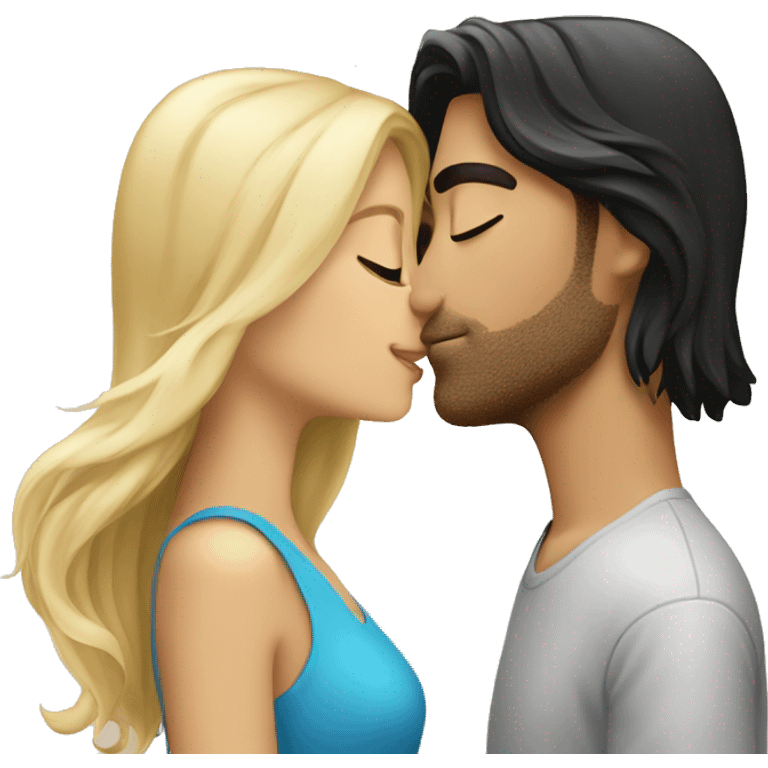 Pretty blonde girl kissing tan guy with long black hair emoji