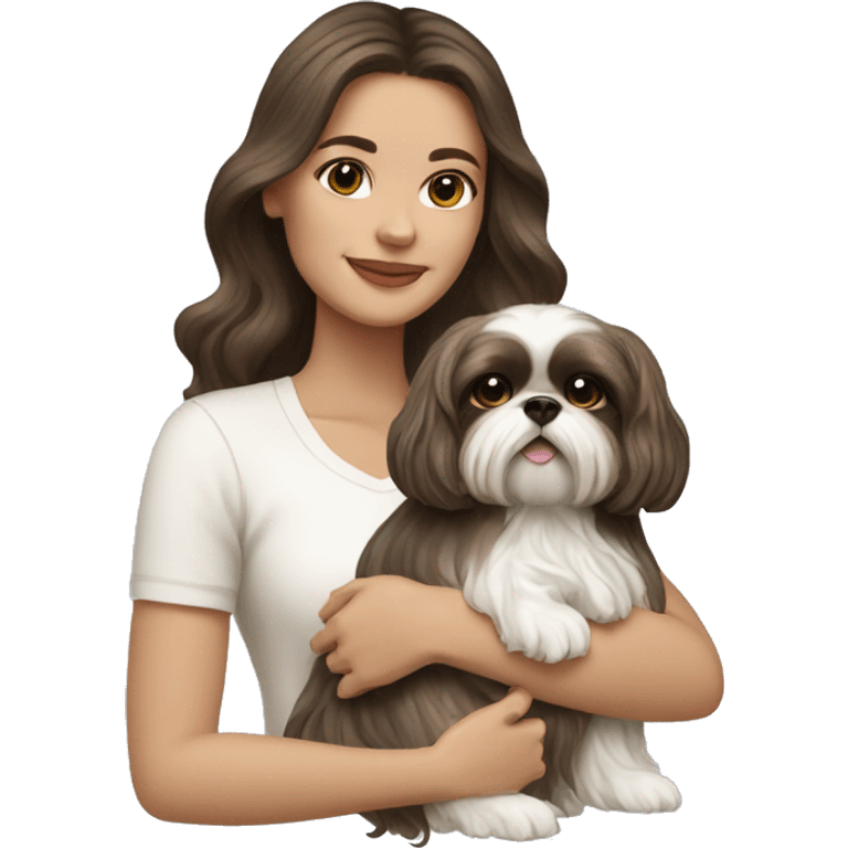 Young brunette hair woman with a cream shih tzu in her arms long wavy hair emoji